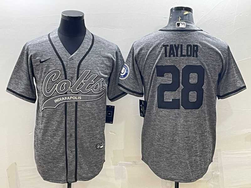 Mens Indianapolis Colts #28 Jonathan Taylor Grey Gridiron With Patch Cool Base Stitched Baseball Jersey